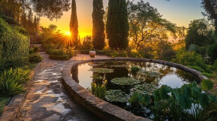 A stone path leads to a pond with lily pads and lush greenery, all bathed in the warm glow of sunrise.