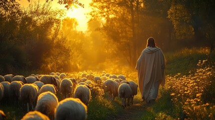 a serene pastoral scene featuring jesus christ tenderly leading a flock of sheep bathed in the soft glow of bright sunlight symbolizing guidance and faith in nature