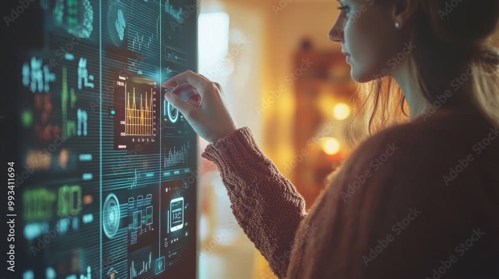 Poster woman interacting with digital screen displaying data and graphs in a modern workspace, showcasing t