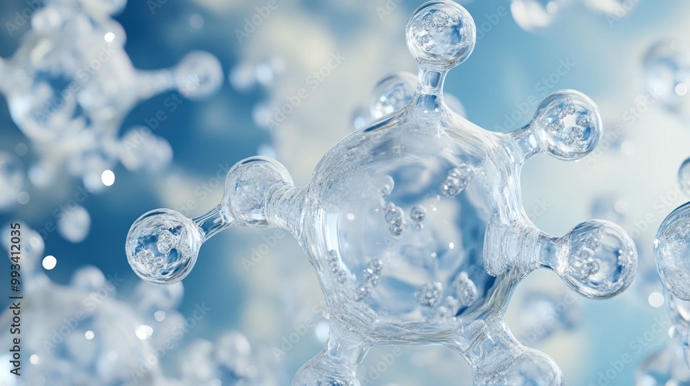 Sticker close-up of a clear glass molecule against a blue and white background with bokeh effect.