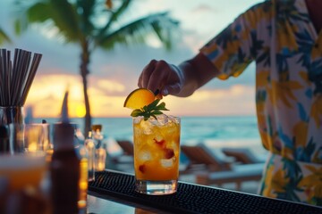 A vibrant sunset scene featuring a bartender preparing a cocktail. The tropical setting evokes vacation vibes and relaxation. Enjoy a refreshing drink by the beach. Generative AI