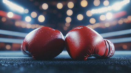 A pair of red boxing gloves lying in the center of an empty boxing ring under bright lights, symbolizing the sport's intensity.
