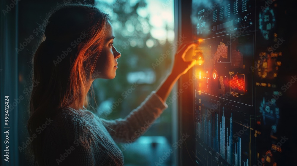 Poster waist-up portrait of a person interacting with a futuristic digital screen displaying data visuals