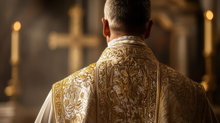 A bishop wearing intricate gold-embroidered robes stands inside a grand cathedral, with golden altars and detailed architecture in view.
