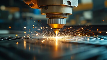 Close-up of a Laser Cutter in Action, Sparking and Cutting Metal