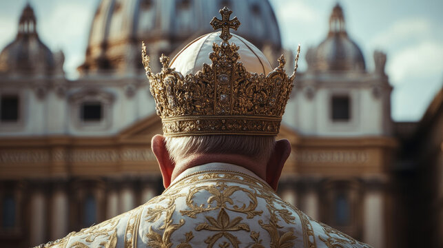 A bishop adorned with a detailed golden crown and embroidered robe stands before a grand cathedral, emphasizing religious tradition and ceremony.
