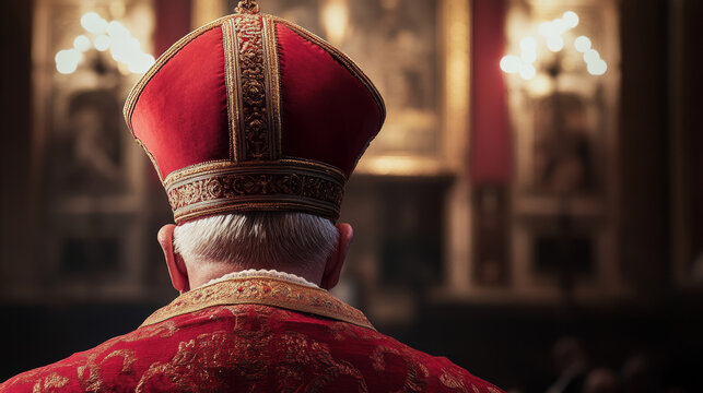 A cardinal, seen from behind, wears ornate red vestments and a mitre during a solemn religious service in a grand church.
