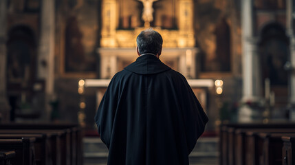 Naklejka premium A clergyman in a black robe stands in solemn prayer before the altar in a dimly lit church, conveying reverence and devotion. 