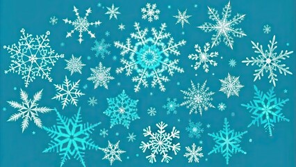 Snowflakes in shades of blue and white on a teal background, perfect for winter-themed designs.
