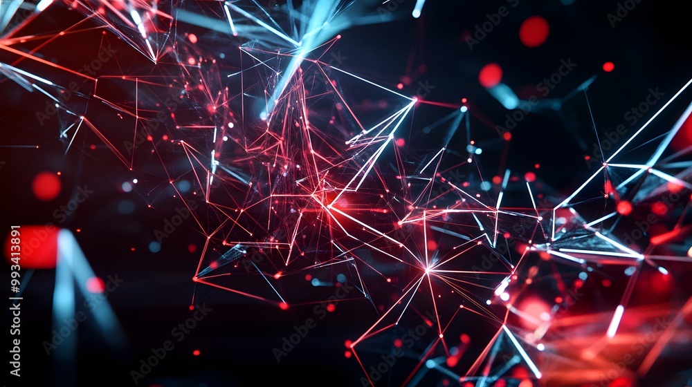 Poster abstract interconnected network with red and blue glowing lines
