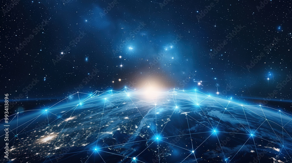 Poster blue digital network extending across the earth connecting