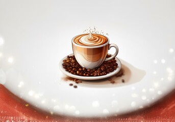 Obraz premium A cup of coffee with latte art and a saucer full of coffee beans on a white background.