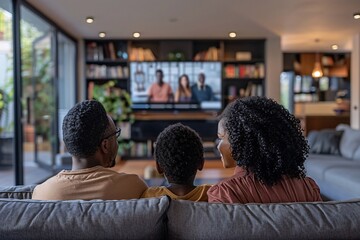 A family of three relaxes on a sofa in a stylish living room, engaged in watching a program on the TV. The modern decor enhances a warm and inviting atmosphere