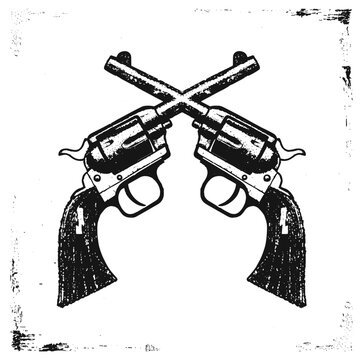recommend clip art: Vintage retro stencil illustration of crossed pistols with distressed grunge texture, old western gun, antique weapon, cowboy pistol isolated on transparent background vector 