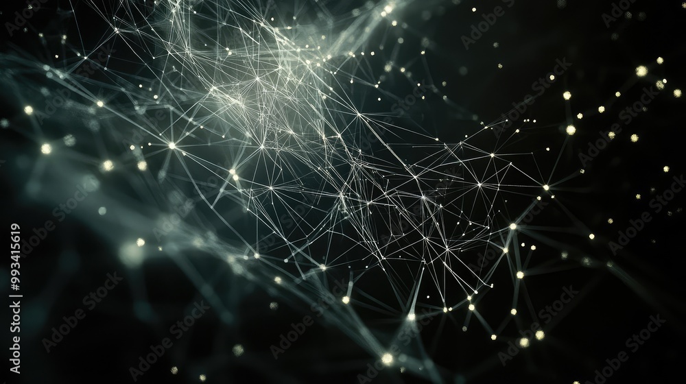 Poster minimalist abstract illustration of geometric shapes, connected by thin, glowing threads on a dark b