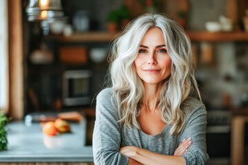 Fototapeta premium Portrait of a confident middle-aged woman in welcoming home kitchen radiating contentment in a home environment. Vibrant woman embodies modern maturity. 