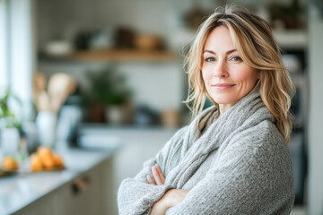 Fototapeta premium Portrait of a confident middle-aged woman in welcoming home kitchen radiating contentment in a home environment. Vibrant woman embodies modern maturity. 