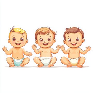recommend clip art: Cute little babies in diaper sitting together. Happy children. Girls and boys smiling waving hands.  illustration isolated on white background, Generative AI