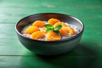 A visually striking stock photo featuring a bowl of black and white porridge topped with mandarin slices placed on a green background using forced perspective, minimalistic
