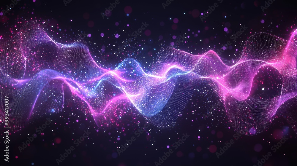 Aufkleber a 3d rendering of purple light and digital wave flow background with line and dot connections, techn