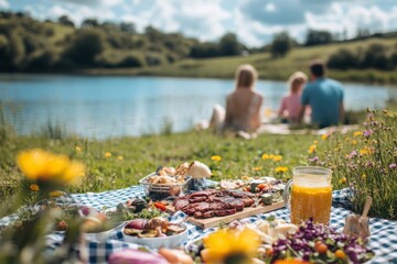 A serene picnic scene by the lakeside. Friends enjoy delicious food while relaxing in nature. A perfect day for great memories. Generative AI
