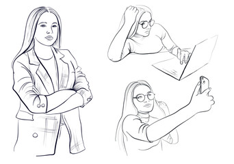 a set of black and white hand-drawn drawings of a girl working at a laptop, taking selfies, a female teacher vector