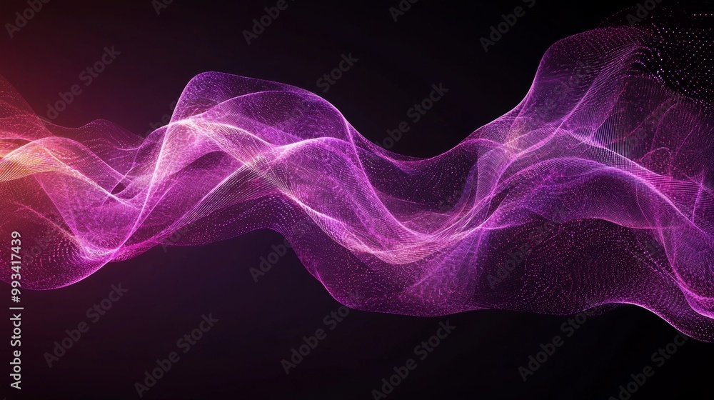Poster an abstract background with purple light and digital particles, integrating blockchain technology. 3