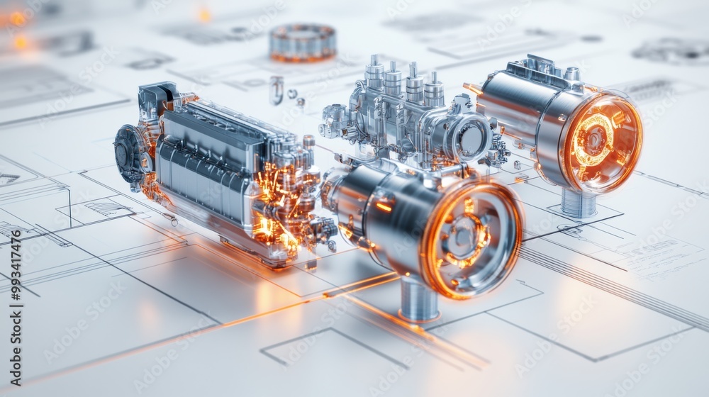 Poster futuristic engine design with technical blueprint background