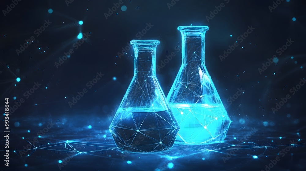 Aufkleber two glowing blue erlenmeyer flasks on a dark surface with a network of lines