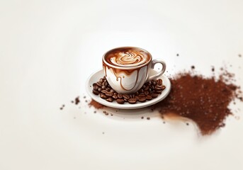 Obraz premium A cup of coffee with latte art sits on a saucer with coffee beans, with coffee grounds scattered around.