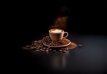 Obraz premium A cup of coffee with latte art sits on a saucer with coffee beans and grounds on a black surface.
