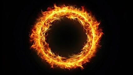 Fototapeta premium Ring of fire burning brightly in the center against a pitch black background, bright, red, energy, hot, inferno, heat, intense, combustion, fiery, glowing, burning, isolated, blazing, danger