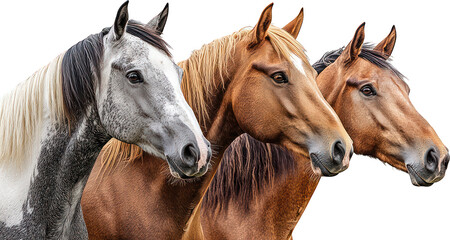 Three horses side by side on transparent background