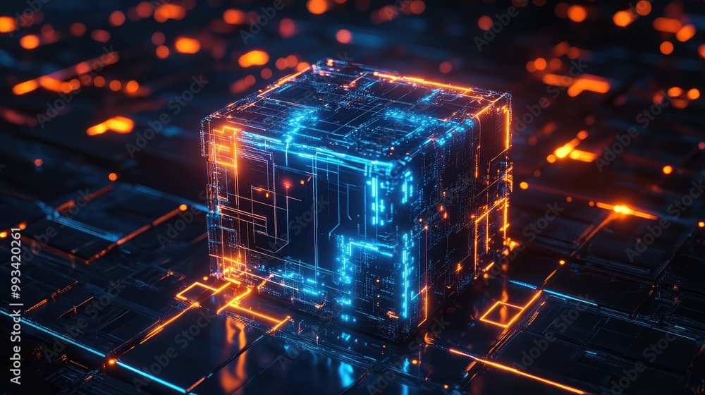 Poster pulsating digital cube with glowing blue and orange circuits, symbolizing the heart of a futuristic 