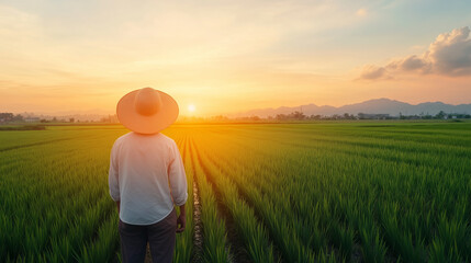 Fototapeta premium A person stands in lush green rice field, gazing at beautiful sunset over horizon. warm light casts serene atmosphere, highlighting tranquility of rural life.