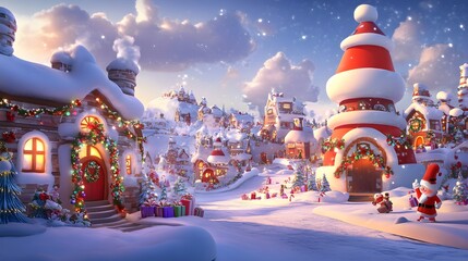 A whimsical Christmas cartoon scene featuring imaginative holiday characters and vibrant decorations, set against a festive backdrop with artistic flair and originality, capturing the essence 