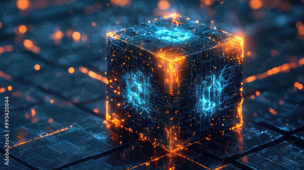 Poster pulsating digital cube with glowing blue and orange circuits, symbolizing the heart of a futuristic 