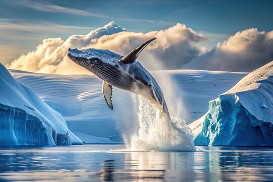 A breathtaking stock photo capturing the mesmerizing sight of a humpback whale breaching the surface of the ocean amidst a backdrop of towering icebergs in Greenland, majestic, water