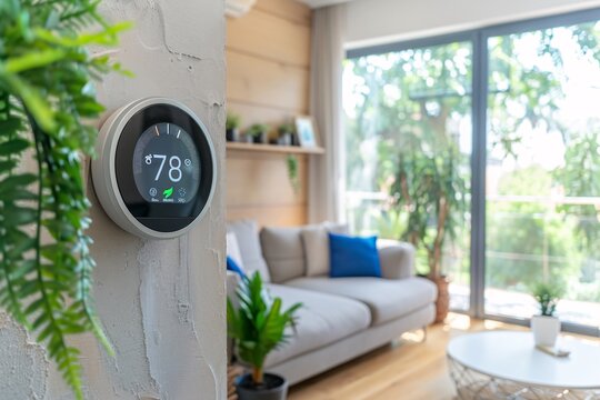 A sleek smart thermostat shows a temperature of 78 degrees in a contemporary living room filled with plants. Sunlight streams through large windows, highlighting a cozy sofa and decor