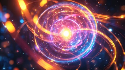 Radiant glowing sphere with a bright core, surrounded by interconnected metallic rings that pulse with light