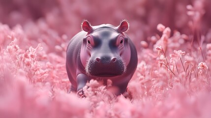 A charming scene of a baby hippo wandering through a pastel-colored forest, filled with soft hues and playful movements, capturing a sense of innocence and wonder 