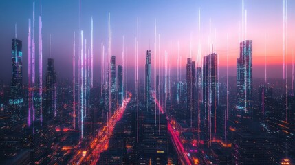 Smart city with abstract dot connections and flowing gradient lines, representing big data and advanced technology concepts