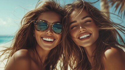 Close-Up of Two Smiling Women Enjoying Sunny Beach Day Together