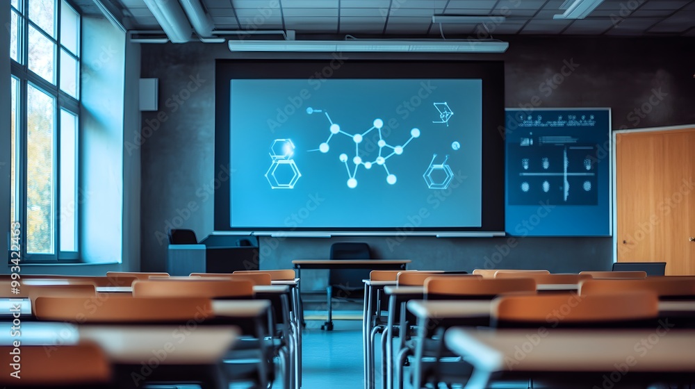 Poster empty classroom with a molecular structure on the projector screen