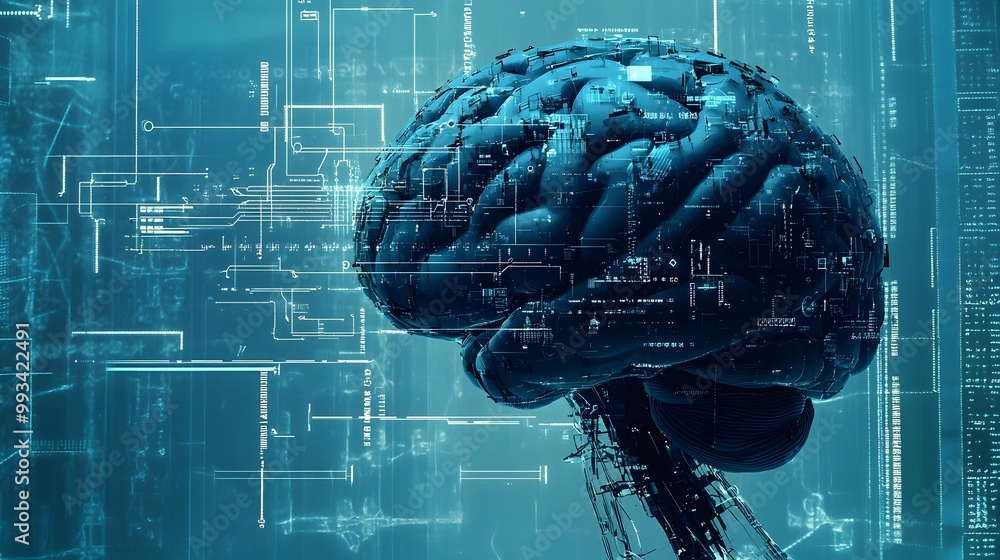 Poster a digital brain with circuitry and data streams