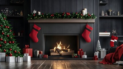 A detailed 3D rendering of a fireplace adorned with red stockings and sleek black decorations, evoking warmth and contemporary holiday charm 