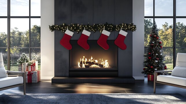 A detailed 3D rendering of a fireplace adorned with red stockings and sleek black decorations, evoking warmth and contemporary holiday charm 
