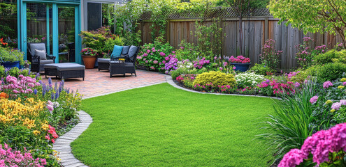 Naklejka premium A beautifully designed backyard garden with colorful flowers, green grass, and an outdoor seating area