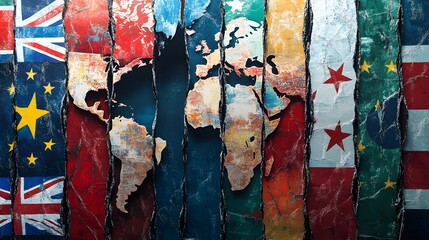A detailed image of a ripped trade agreement placed in front of a backdrop featuring multiple international flags, capturing the essence of diplomatic tensions and global economic challenges 
