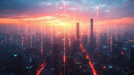 Obraz premium Smart city with abstract dot connections and flowing gradient lines, representing big data and advanced technology concepts